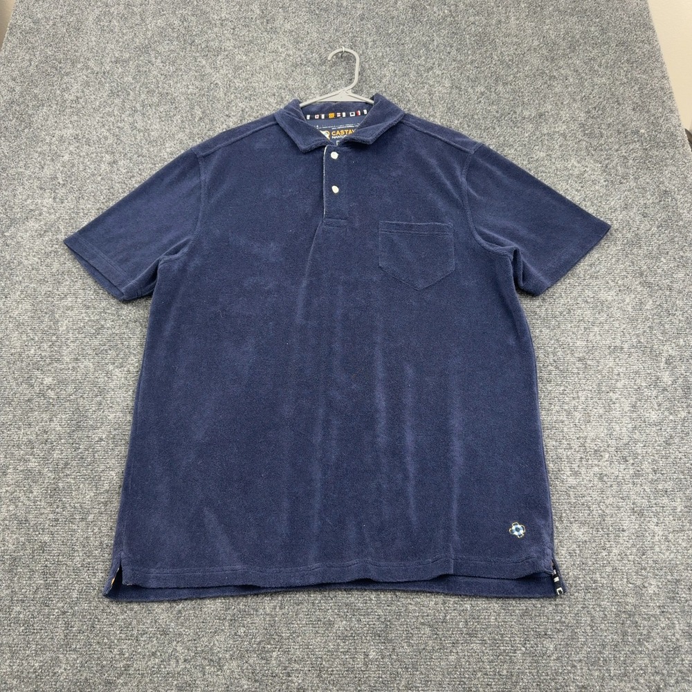 Castaway Nantucket Island Polo Shirt Mens L Blue Cotton Terry Cloth Preppy Style